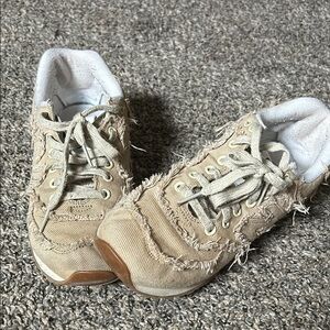 frayed tan new balance x miu miu